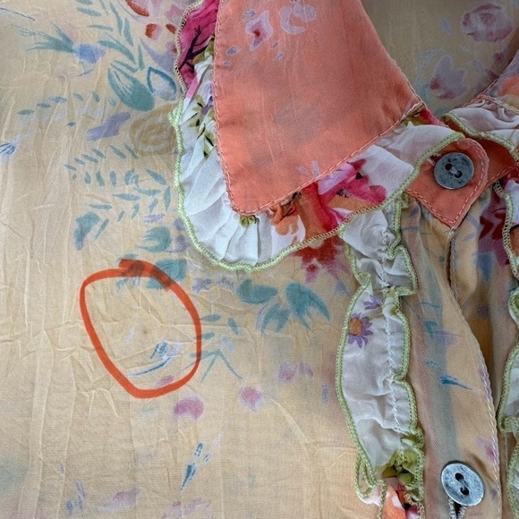 J Jill Ruffle Sheer Blouse Button Front Size S Floral Yellow Orange Cottagecore - Picture 14 of 14